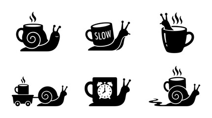 Slow Snail Coffee Icons, Morning Brew Vector Set, Steaming Mug & Alarm Clock Graphics, Relaxed Pace Lifestyle Illustrations © Hasan