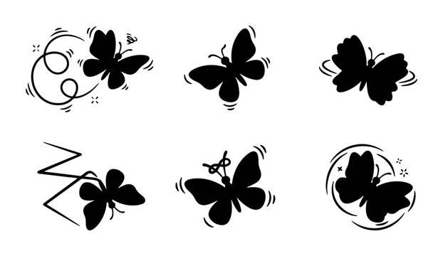 Six Black Silhouette Butterfly Icons, Whimsical Flying Insect Vector Graphics, Simple Doodle Art for Nature and Spring Designs