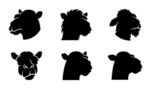 Llama Head Silhouettes, Alpaca Profile Icons, Camel Vector Graphics Set, South American Camelid Collection