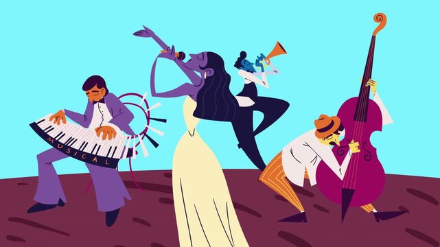Jazz band performing with female singer and instrumentalists in stylized animation.