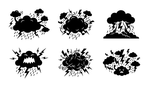 Storm Cloud Icons, Thunderstorm Graphics, Weather Emoticons, Black Silhouette Set, Dramatic Sky Elements
