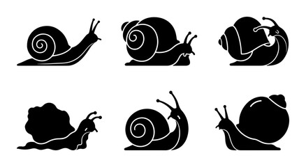 Six Silhouette Vector Icons of Snails, Gastropod Mollusks in Profile Views, Simple Black and White Illustrations for Nature and Wildlife Concepts © MdShakil