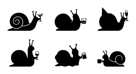 Set of 6 Silhouette Snail Icons with Drinks, Vector Graphics for Lifestyle and Food Concepts © MdShakil