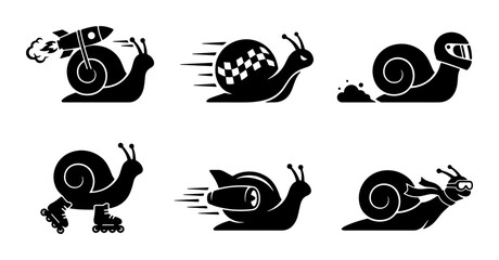 Fototapeta premium Speedy Snail Icons Set: Rocket, Taxi, Race Car, Roller Skates, Jetpack, and Formula 1, Vector Graphics for Fast Delivery and Performance Concepts