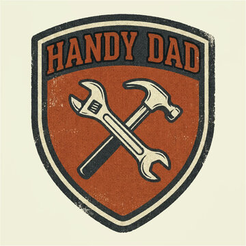 Vintage Handy Dad emblem with crossed hammer and wrench, retro shield logo for Father's Day, distressed workshop badge for home repair and DIY