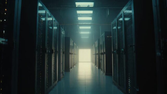 Server racks lining an illuminated aisle, depicting the infrastructure supporting modern cloud computing, digital data storage, and the backbone of internet technology