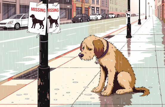 Sad lost dog sitting alone on a city street near missing pet posters in the rain, with wet pavement and urban buildings visible in the background