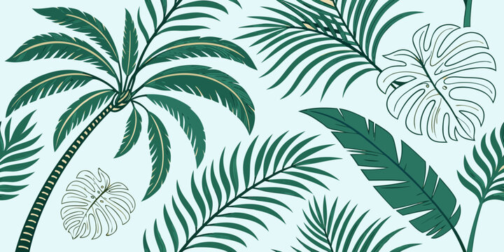 Seamless tropical pattern featuring coconut palms and various green leaves on a light blue background, ideal for summer-themed design projects and decorations