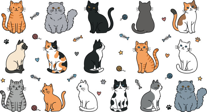 Cute cat vector character set featuring different breeds and colors like tabby Siamese Persian calico and tuxedo cats with fun pet toy elements
