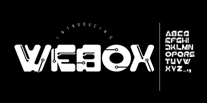 Webox: A mecha circuit display. Bold sci-fi font for gaming logos, cybernetic branding, and futuristic tech posters.