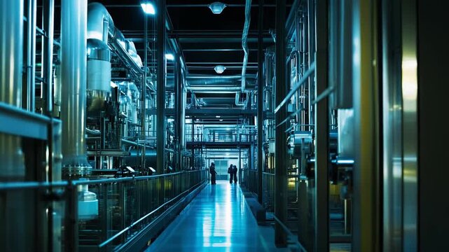 Engineers are walking along a metallic catwalk inside a sleek. Modern industrial facility featuring complex pipe systems and machinery illuminated by blue light. Representing technology and innovation
