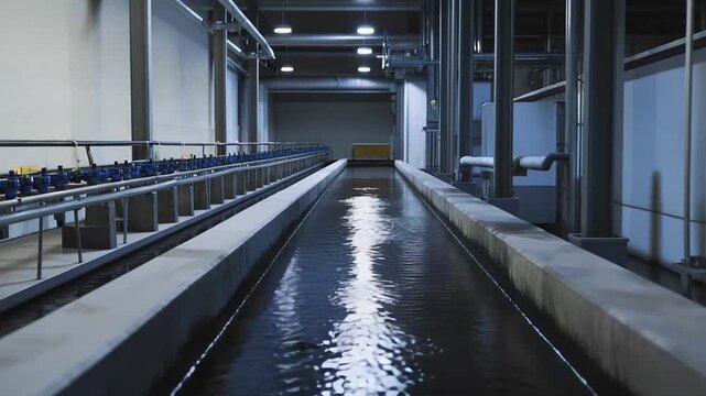 Clean water flowing through a purification canal inside an industrial water treatment plant, showcasing a vital stage in the global access to natural resources and sustainability efforts