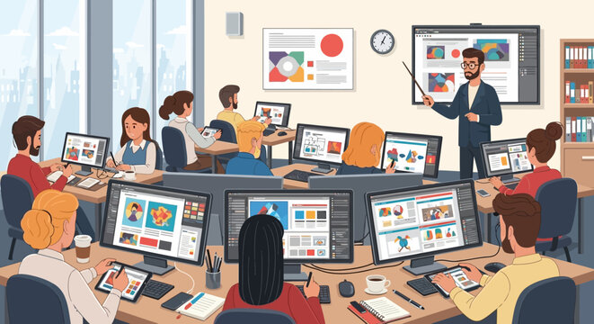 Diverse team in digital design workshop with instructor