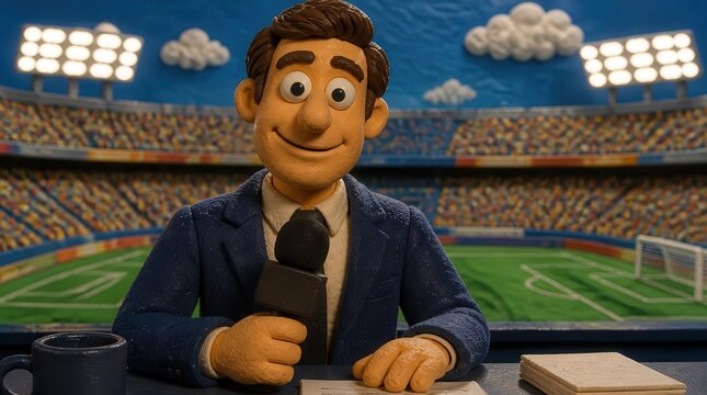 Clay modeled sports anchor with a glossy finish stands in a cinematic stadium setting, perfect for broadcast media projects, digital storytelling, and creative entertainment sports presentations.