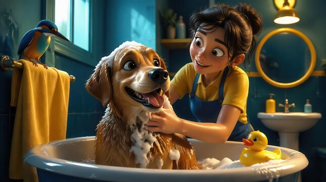 A playfully stylized 3D cartoon bathroom scene featuring a happy person bathing a golden dog, captured in high quality with dramatic lighting for a cinematic widescreen visual experience.