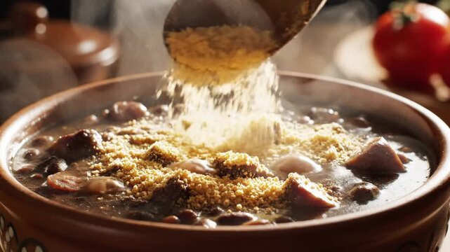 A steaming bowl of traditional feijoada with rice being poured on top in a rustic setting