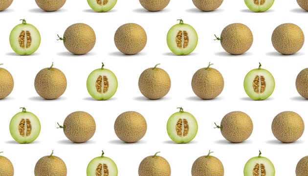 Melon seamless pattern with whole and half cut cantaloupe honeydew melons on white background