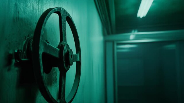 Industrial vault door wheel bathed in eerie green light, heavy steel and concrete hinting at hidden security in an underground bunker, mysterious and suspenseful atmosphere