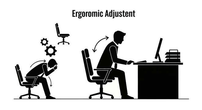 Vector illustration comparing poor posture and back pain versus correct office ergonomics with adjustable chair, featuring silhouettes of workers at a desk with computer monitor.