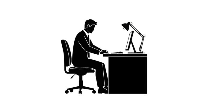Black silhouette of a professional man in a suit sitting at an office desk with a computer monitor, keyboard, and lamp, highlighting workplace productivity and corporate workspace.