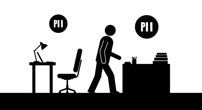 Silhouette of a worker leaving a desk unattended with PII symbols, highlighting data privacy risks, information security protocols, and protection of personal identifiable data.