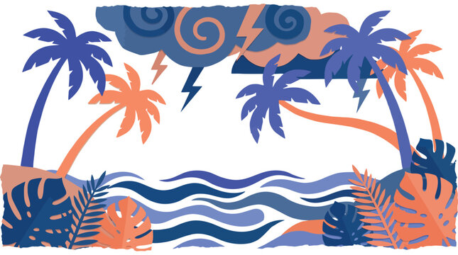 Vibrant vector art of a tropical beach storm, featuring stylized palm trees, dynamic ocean waves, and dramatic lightning against swirling dark clouds