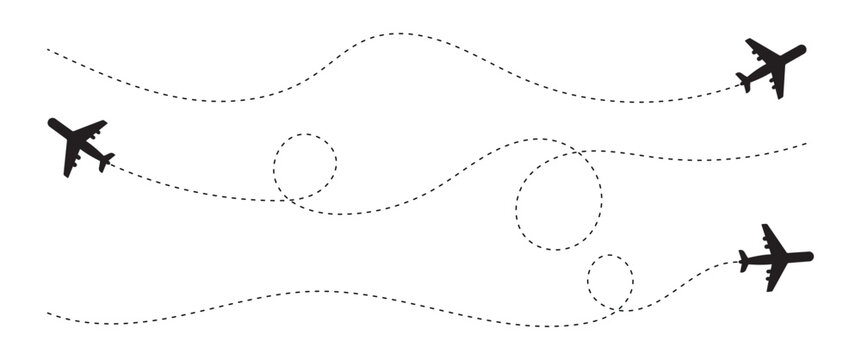 The flight path of the aircraft from the point of location along the dotted line. Aircraft tracking, planes, travel, map pins, location pins. Vector illustration.