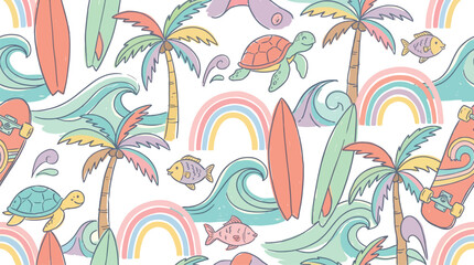 Obraz premium Seamless Retro Tropical Beach Pattern with Surfboards, Palm Trees, Waves, and Rainbows