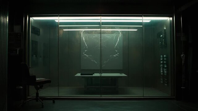 Empty and dark modern science lab with an isolated glass examination room featuring a table. Chair. And intricate abstract pattern on the back wall. Suggesting advanced research or medical procedures