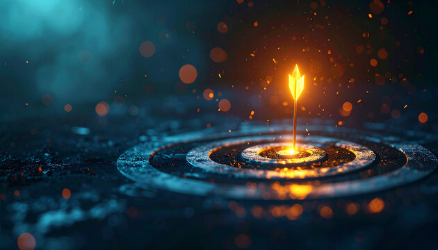 Glowing Arrow Tip Hitting Center of Target on Dark Textured Ground
