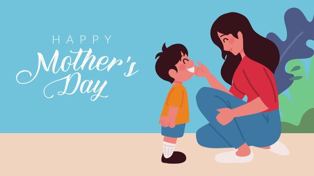 Happy mothers day animation with cute woman and son characters in blue background.