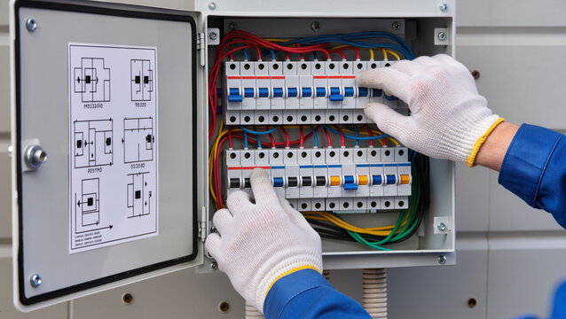 Professional assembly of modern electrical panel.
Precise connection of colored power wires.
Technician servicing home electrical installation.
Work on protections and circuit breakers.