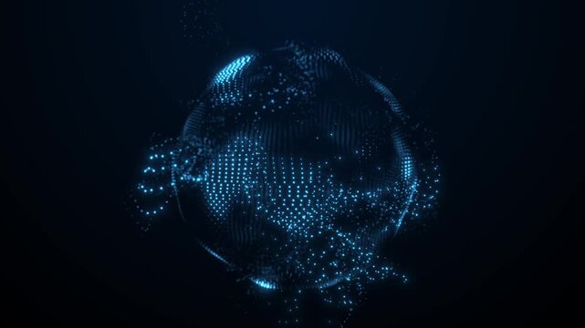 abstract artificial intelligence background with blue particle globe and futuristic data visualization.