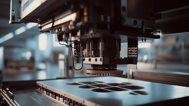 Close up view of automated industrial machinery assembling microchips and circuit boards, showcasing precision engineering, advanced manufacturing and smart robotics in a modern facility