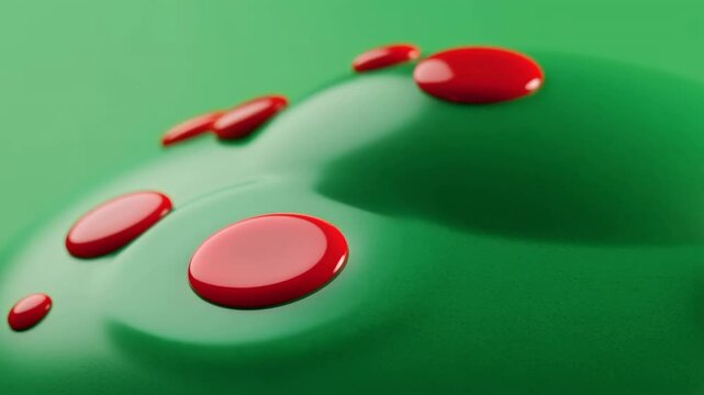 Hyperreal Rendering Of Glossy Red Droplets On Smooth Green Background With Soft Lighting And High Contrast