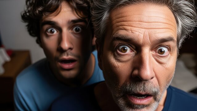 Shocked father and son with expressions of disbelief and astonishment looking intensely