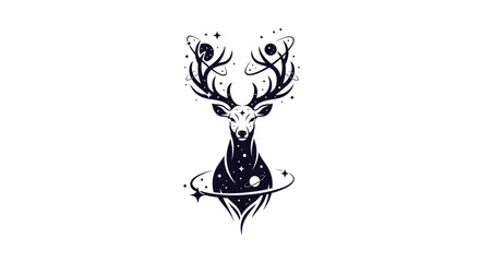 Cosmic Deer Head with Stars and Planets, Mystical Forest Creature, Celestial Antlers © malika