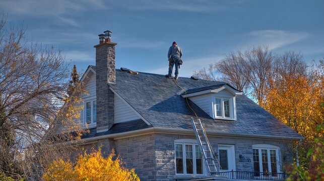 Homeowner performing rooftop maintenance and repair on a residential house with a chimney and dormer windows