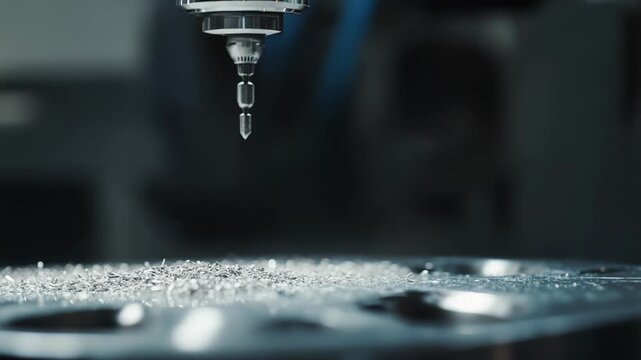 Precision industrial milling machine operating, drilling and shaping metal components with automated accuracy, generating a cascade of shiny metallic shavings during the manufacturing process