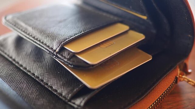 Wallet with cards open on a wooden table