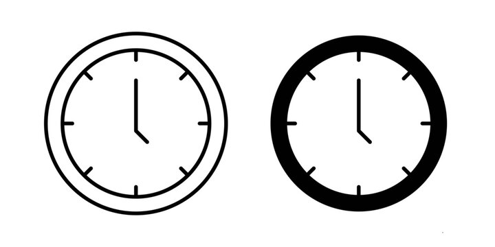 Clock icon in outline and solid style, isolated on white background. Perfect for time tracking, scheduling, and reminder features in mobile and web design.