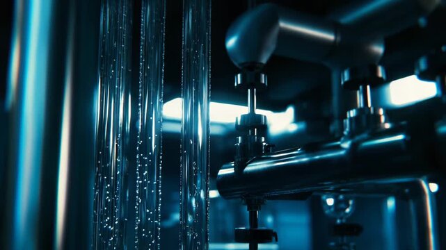 Bubbles rising through clear glass tubes and metal pipes, creating a dynamic process within a modern industrial chemical engineering facility focused on water purification and scientific technology