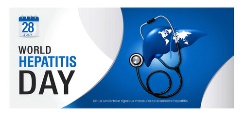 Fototapeta premium World hepatitis day awareness banner with globe liver and stethoscope design for medical campaigns