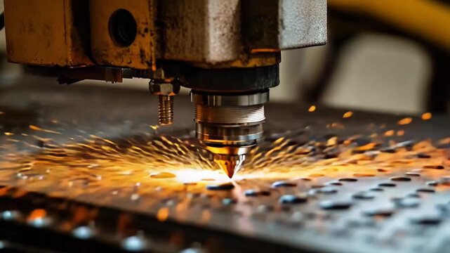 Industrial laser machine cutting intricate patterns into a metal sheet, generating bright sparks and showcasing precision fabrication technology in a manufacturing setting