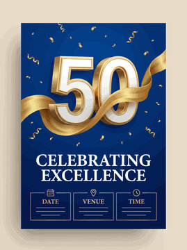 Golden ribbon celebrates excellence on blue background with confetti