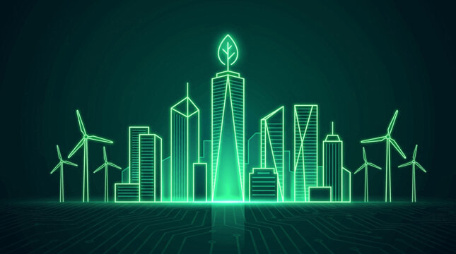 A futuristic cityscape at night showcases sleek skyscrapers and wind turbines under a radiant green glow.