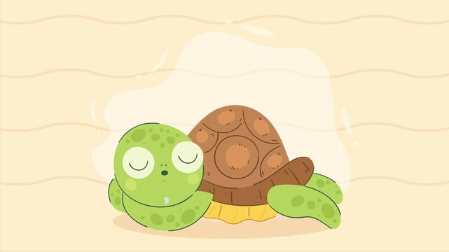 Cute cartoon sea turtle sleeping on beach motion graphics animation featuring gentle breathing movements and soft wavy background.