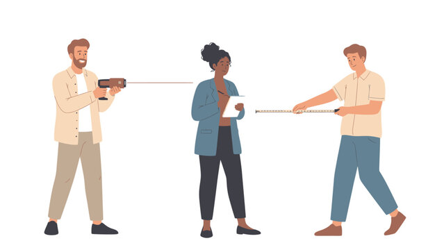 Three people measuring distance between each other with measuring tools, illustrating social distancing concept.