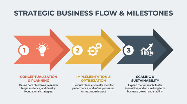 Business strategy infographic shows planning, optimization, and growth milestones