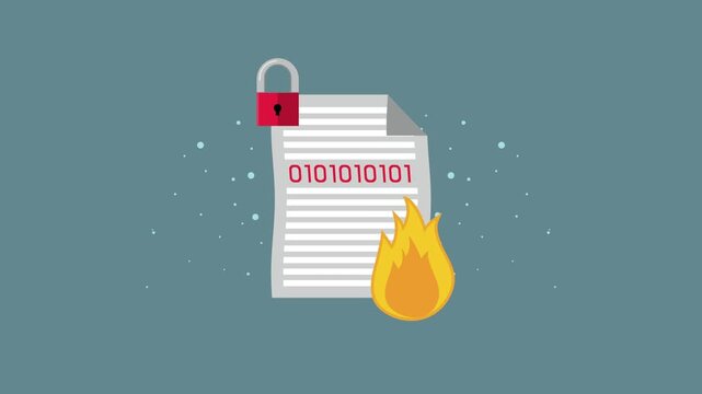 Animation of paper document with binary code being locked and burning for cyber security concept.